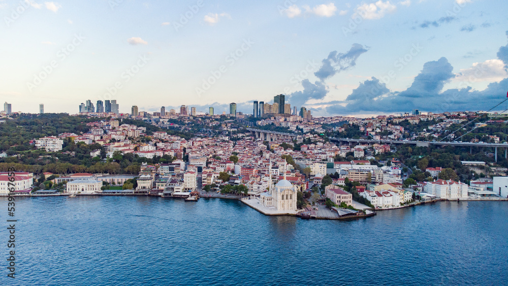 aerial view of Ortaköy Camii mosque and city of Istanbul behindl