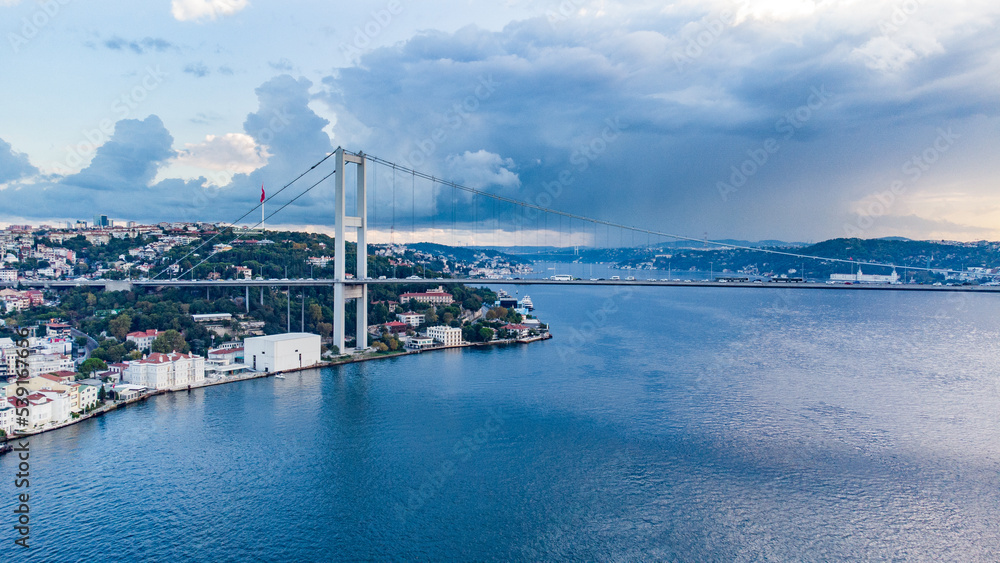 Istanbul next to the 15 Temmuz bridge, aerial view of the Bosporous shore with ferry crossing beneath