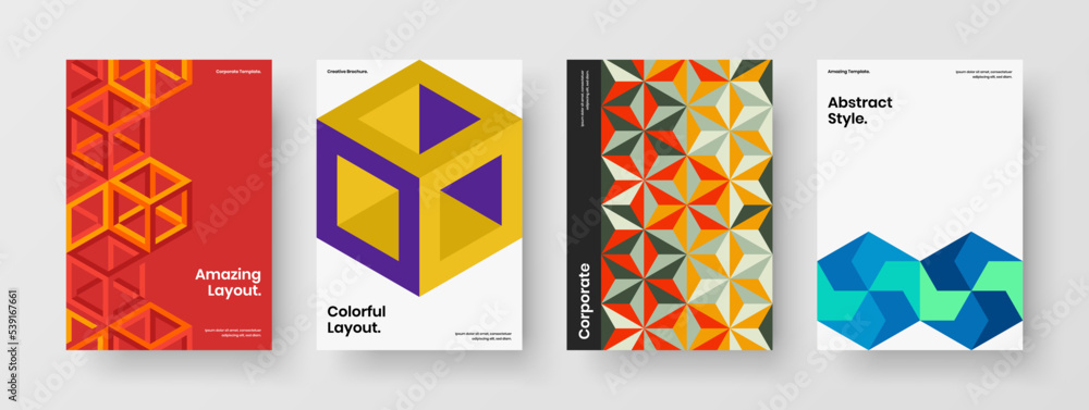 Creative mosaic shapes cover concept collection. Multicolored corporate brochure A4 vector design template set.