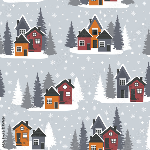 Christmas seamless pattern with winter village houses on a gray background. Vector design template. Happy New Year background. Nordic illustration in flat style.