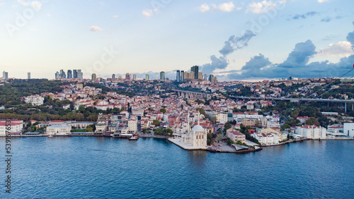 aerial view of Ortaköy Camii mosque and city of Istanbul behindl