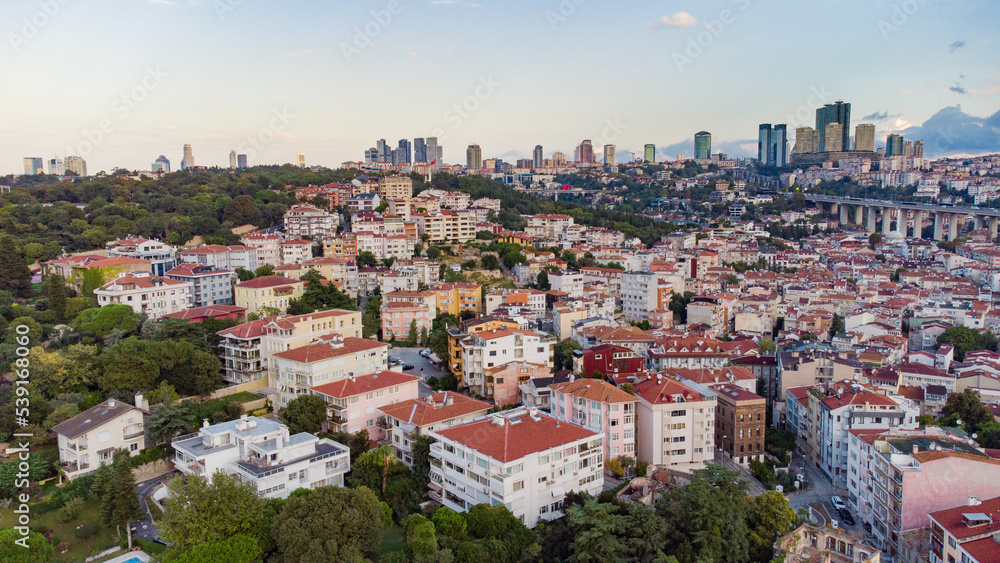 Skyscrapers of istanbul behind Ortaköy Camii mosque and city behind, aerial view of the Bosporous in Istanbul
