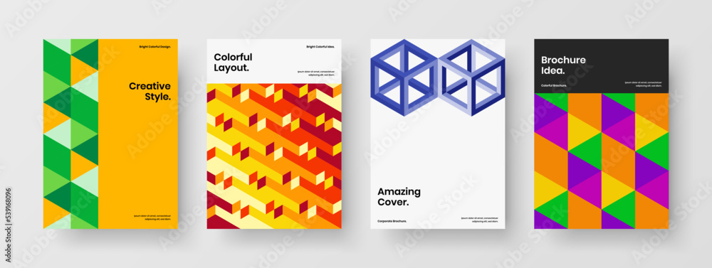 Colorful geometric shapes placard illustration bundle. Simple annual report A4 vector design concept composition.