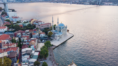 Ortaköy Camii mosque next to the 15 temmuz bridge, aerial view of the Bosporous in Istanbul