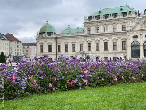 Beautiful flowerbed in front of an old castle