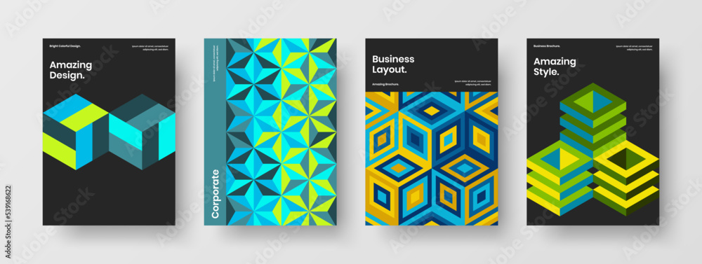 Vivid booklet design vector layout collection. Colorful geometric pattern company cover template set.