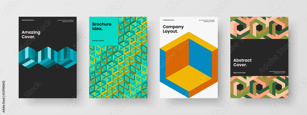 Original geometric pattern annual report illustration set. Multicolored placard design vector template composition.