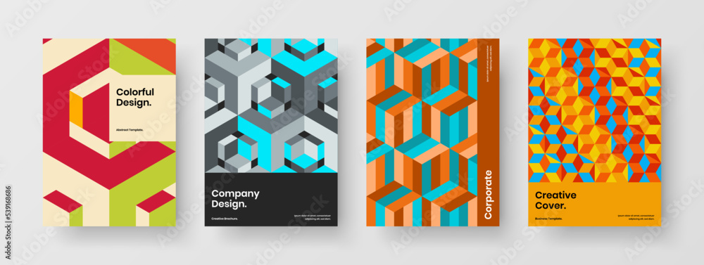 Multicolored booklet design vector illustration set. Colorful mosaic shapes cover concept collection.