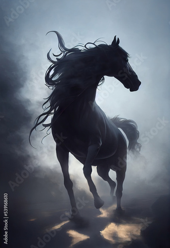 Gorgeous black horse in the foggy wood generated by Ai, is not based on any original image, character or person
