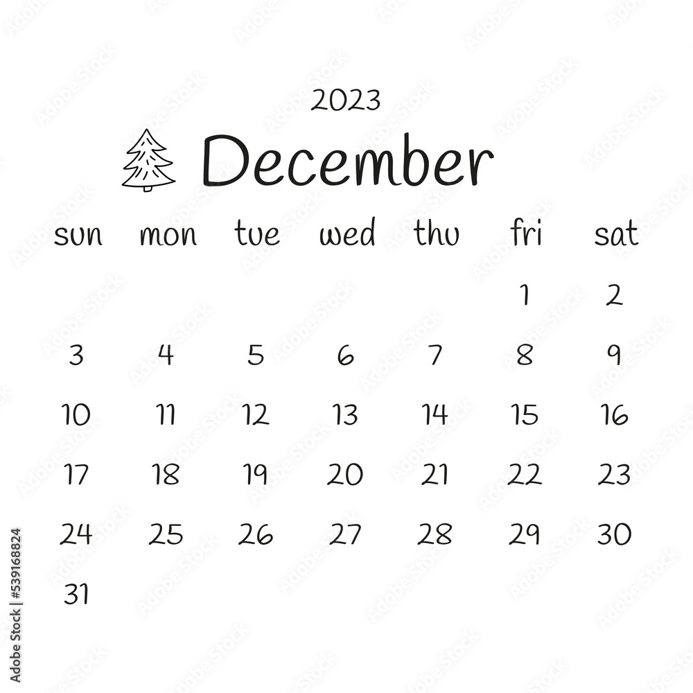 2023 December Calendar With Christmas Tree Black And White Modern