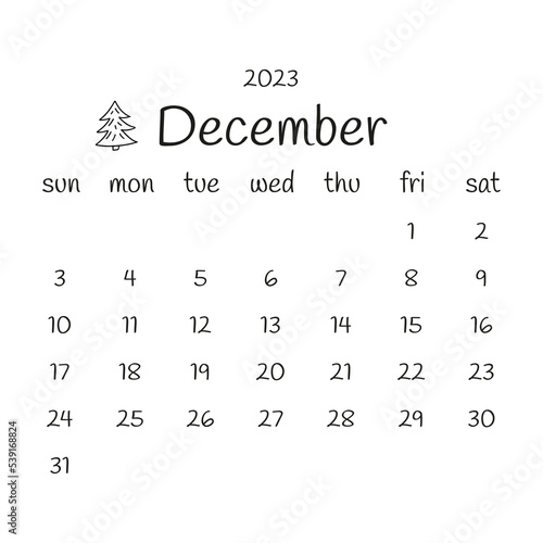 2023 december calendar with Christmas tree. Black and white modern calendar, monthly planner. Vector hand drawn doodle illustration. Modern simple design. Winter month