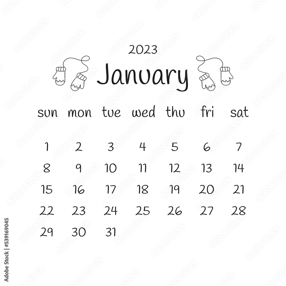2023 January Calendar With Mittens Black And White Modern Calendar