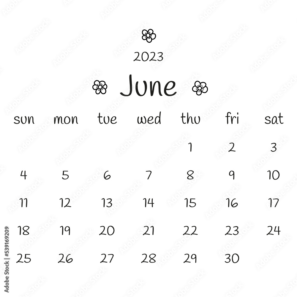 2023 june calendar with abstract chamomile flowers. Black and white ...