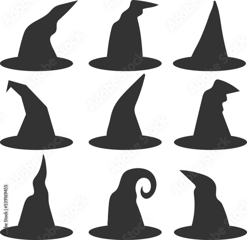 grey silhouettes of halloween witch hats