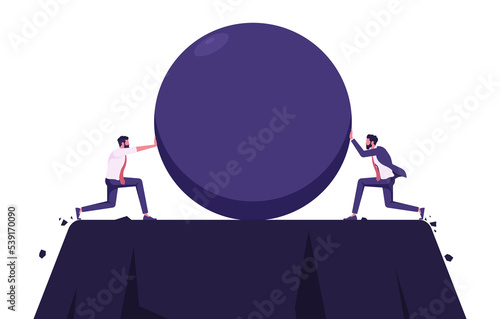 Fotografie Leadership rivalry between two businessmen pushing a boulder against each other