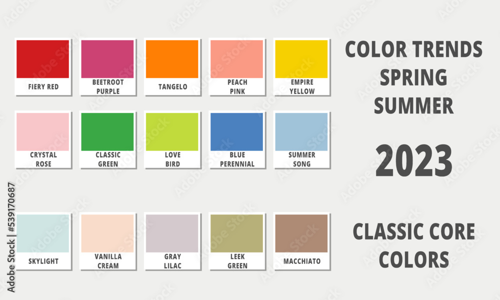 Fashion color trends spring summer 2023. Fashion color guide with named color swatches, RGB, HEX