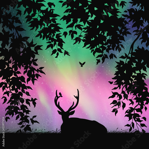 Lying deer framed by leaves. Animal silhouette. Bright aurora borealis