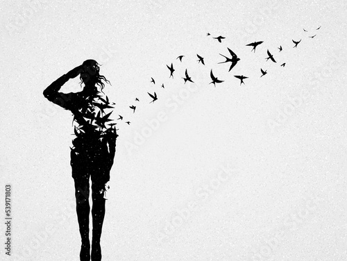 Woman soldier salutes. Death and afterlife. Flying birds silhouette.