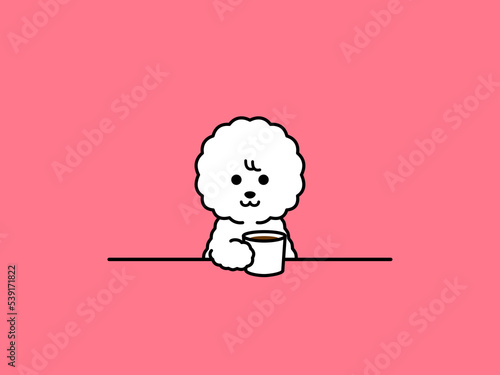 コーヒーを飲むビションフリーゼのイラスト