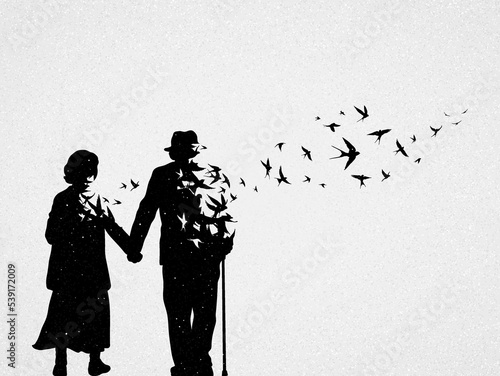 Elderly couple silhouette. Death and afterlife. Flying swallows flock