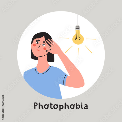 Photophobia, light sensitivity or migraine concept. Woman protects her eyes from bright light with your hands. Flat vector illustration photo