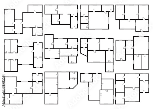 Apartment architectural plans set. Top view of floor plans. Vector blueprint projects of house. Professional layout in drawing form