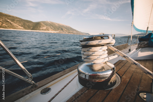 Tableau sur toile Sailing winch equipment on sailboat, copy space