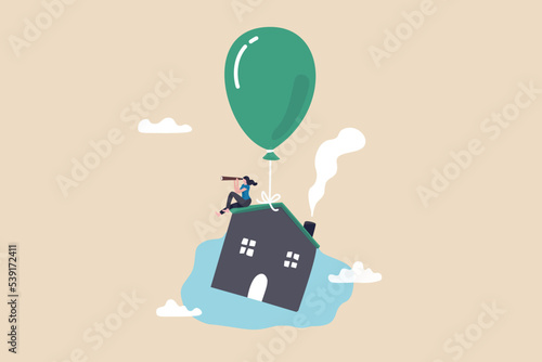 House mortgage interest rate rising up, home loan impact from inflation, real estate price bubble or housing investment opportunity concept, home owner with telescope on flying house with balloon.