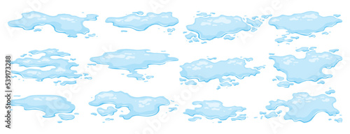 Water spill puddles set. Blue liquid various shape in flat cartoon style. Clean fluid drop design elements isolted on white background