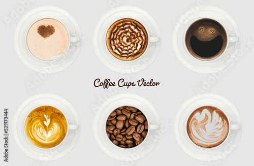 Beautiful patterned coffee mugs, top view. Coffee cup collection, vector illustration. 