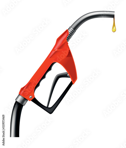Fuel nozzle with oil drop, handle pump with hose. Vector illustration of oil dripping. Power and energy concept