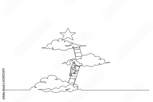 Illustration of businessman climbing career ladder to the the top and reaching for the star. Single line art style