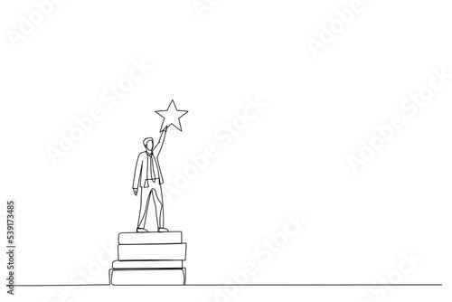 Drawing of businessman reach out for the stars by using books as the platform. Single continuous line art style