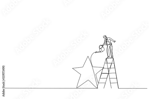 Cartoon of businessman fill in golden star price. Metaphor for ambition. One line art style
