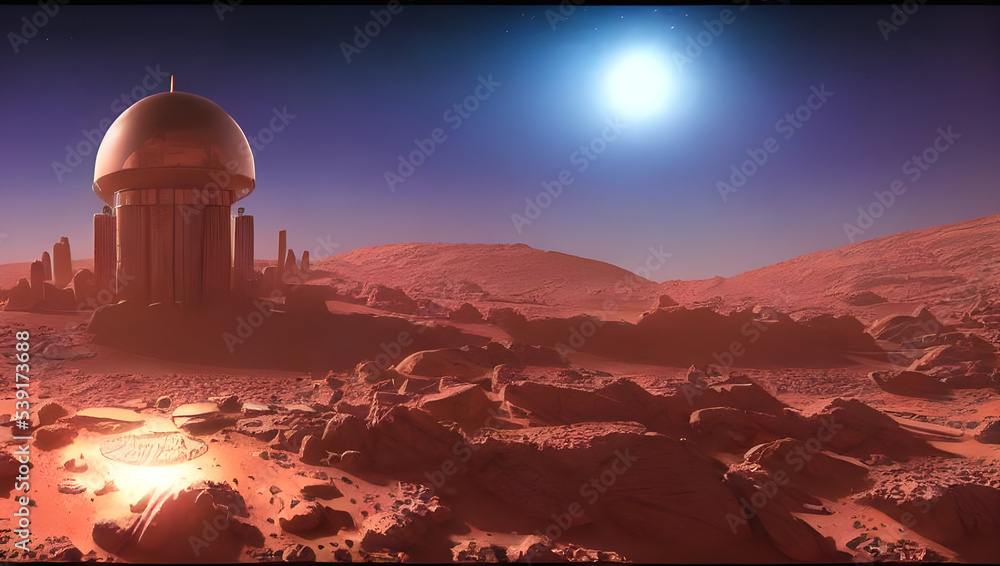 metropolis city on mars under a shining glass dome - alien planet - science fiction - sci-fi - future - space - red desert - dune - concept art - digital painting - illustration