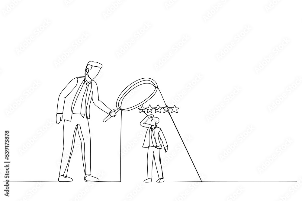 Illustration of businessman manager use magnifier to analyze employee with 5 stars rating. Metaphor for employee performance evaluation. Single line art style