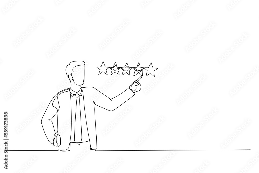 Cartoon of businessman giving 5 stars rating. Metaphor for best quality. One line art style Cartoon of businessman giving 5 stars rating. Metaphor for best quality. One line art style