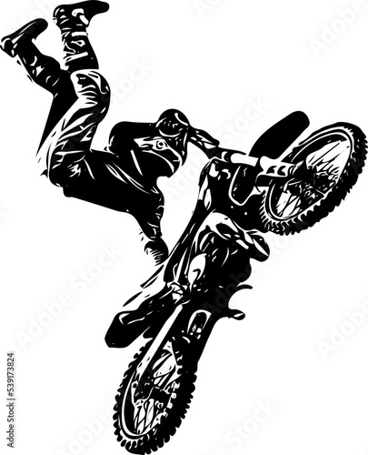 Man doing bike stunt silhouette, sketch drawing of a young man's dog stunt on a motorcycle, motorcyclist performing a stunt on a motorcycle, vector illustration