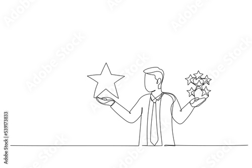 Cartoon of businessman holding comparing quality of stars. Metaphor for quality vs quantity. One line style art