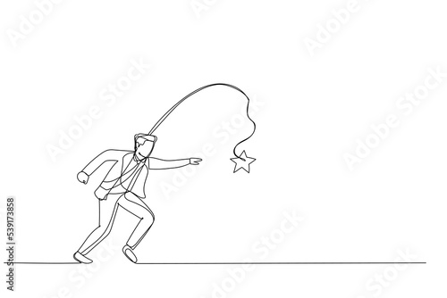 Cartoon of businessman running with carrot stick trying to grab star prize award. Metaphor for incentive. One continuous line art style
