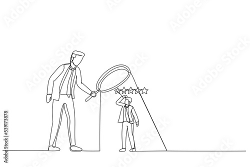 Illustration of businessman manager use magnifier to analyze employee with 5 stars rating. Metaphor for employee performance evaluation. Single line art style