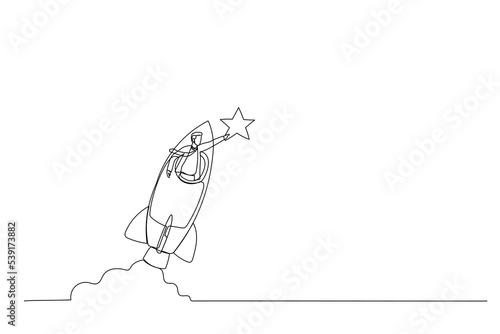 Drawing of businessman riding fast rocket to catch golden star. Metaphor for Innovation. Single continuous line art style