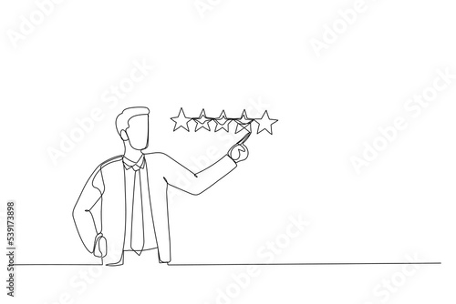 Cartoon of businessman giving 5 stars rating. Metaphor for best quality. One line art style