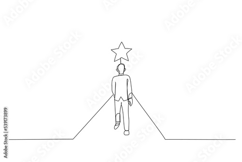 Illustration of businessman walks on the boundless road to the bright star. Single line art style