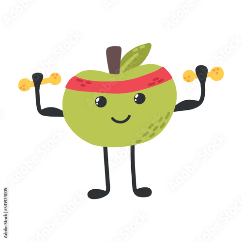 Cute apple with dumbbells. Sports, hobbies, exercises. Apple character. Vector apple in kawaii style. Sports healthy apple. The concept of doing sports..