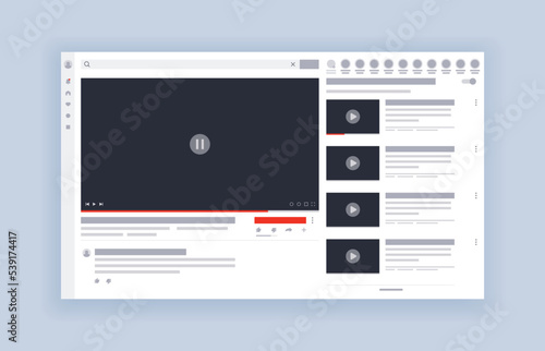 Video player template interface. Video hosting mockup, social media concept. Web video channel or mobile app. Desktop live stream