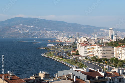 Aerial view of Izmir coast side parks  motorway and high buildings