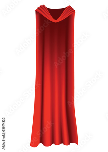 Superhero red cape in front view. Scarlet fabric silk cloak. Mantle costume or cover cartoon vector illustration