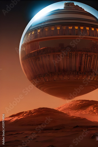 flying metropolis on mars under a shining glass dome - alien planet - science fiction - sci-fi - future - space - red desert - dune - concept art - digital painting - illustration