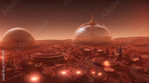 Print op canvas metropolis skyline on mars under a shining glass dome - alien planet - science f